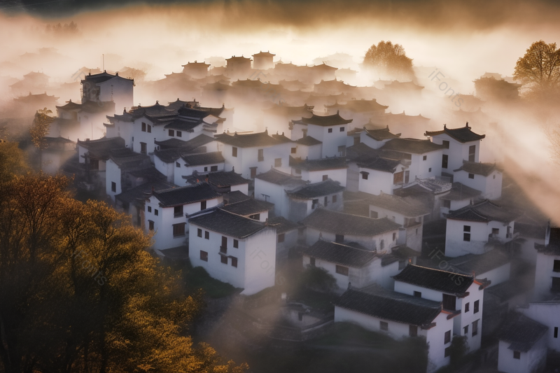 中国风秋天枫叶晚秋雾中的小村庄摄影背景,高清,摄影图,摄影图片,图片大全,摄影图免费下载